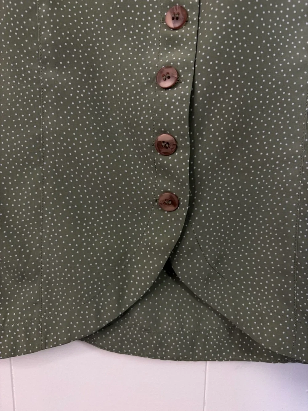 Vintage 90s Olive Green Polka Dot Blouse Office Minimalist Button Top size Small - Picture 7 of 13
